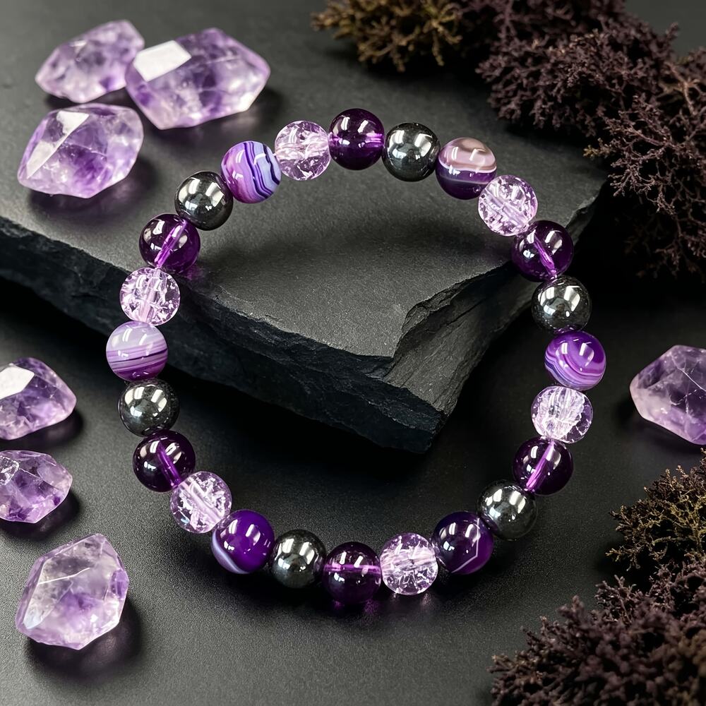 Natural Amethyst Striped Agate Beaded Bracelet Healing Crystal Elastic New